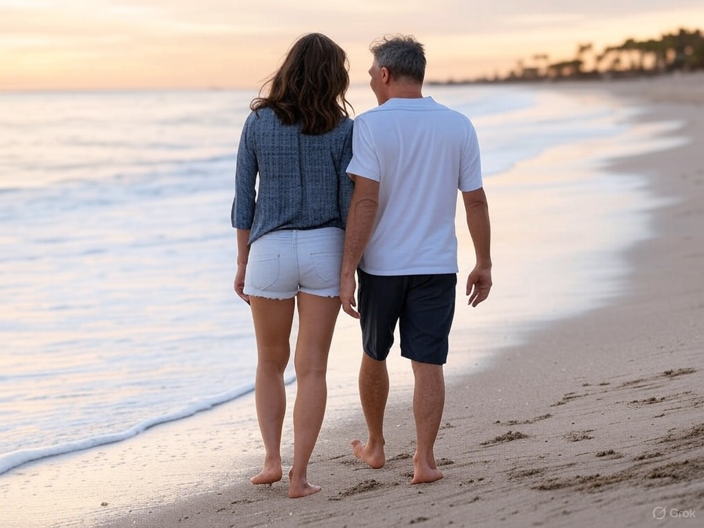 Photo of a  couple walking on the beach